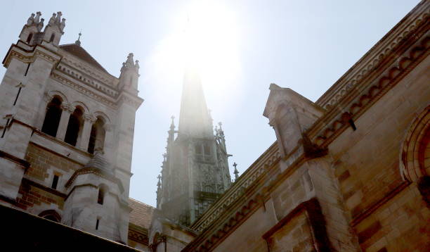 Spire of a European cathedral with sunshine