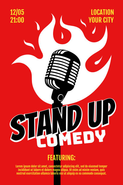 stand up comedy night live show a3 a4 szablon projektu plakatu. retro mikrofon z ogniem na czerwonym tle. gorące dowcipy pieczona ulotka koncepcyjny. ilustracja mikrofonu otwartego wektora - komik stock illustrations