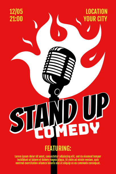 ilustrações de stock, clip art, desenhos animados e ícones de stand up comedy night live show a3 a4 poster design template. retro microphone with fire on red background. hot jokes roast concept flyer. vector open mic illustration - comedian