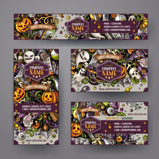 Vector illustration of Corporate Identity vector templates set with doodles hand drawn Halloween theme