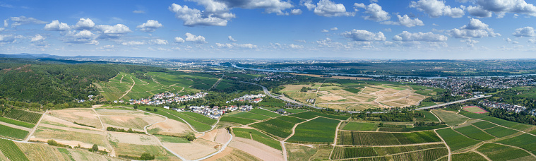 Panoramic aerial view of Rheingau Taunus area, River Rhine, Wiesbaden and Mainz, Germany