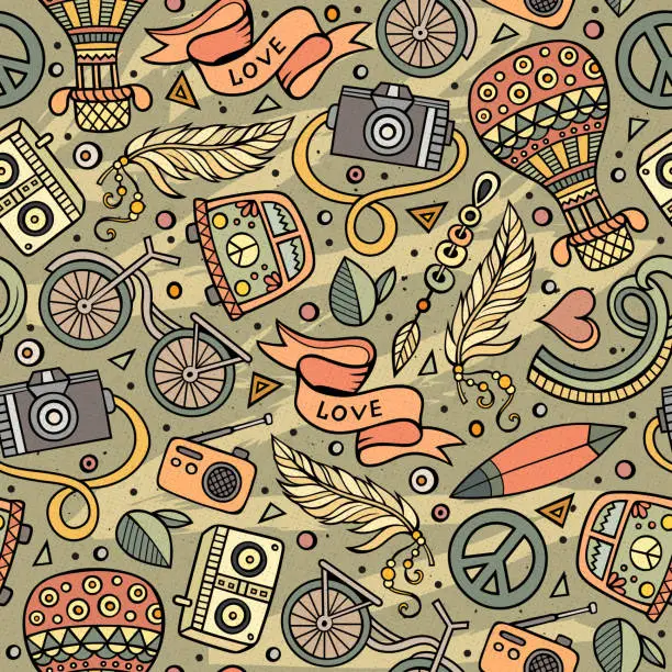 Vector illustration of Cartoon vector hippie seamless pattern