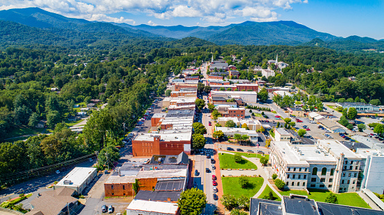 Downtown Waynesville North Carolina NC Drone Skyline Aerial.