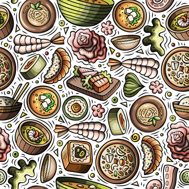 ilustraciones, imágenes clip art, dibujos animados e iconos de stock de dibujos animados lindo dibujado a mano japón comida patrón sin costuras - sushi cartoon food wallpaper pattern