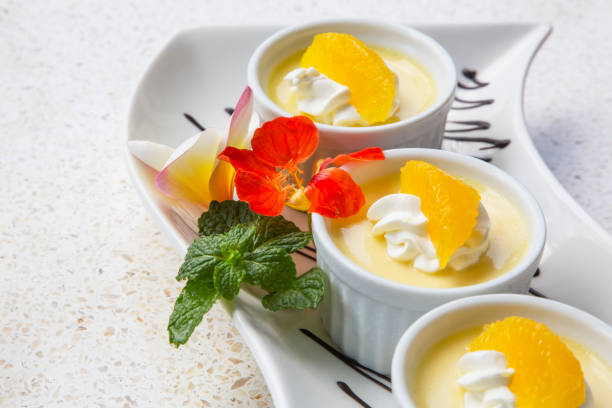 istock Vanilla pudding with whipped cream and a slice of orange elegantly served on a long tray 1165417130