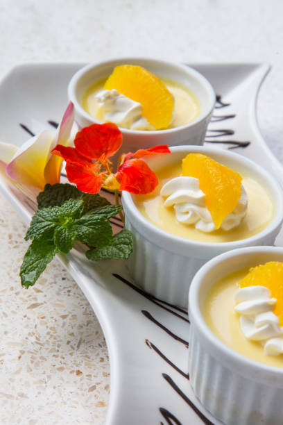 istock Vanilla pudding with whipped cream and a slice of orange elegantly served on a long tray 1165417265