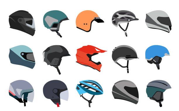 Set of racing helmets on a white background. Racing helmets for car, motorcycle and bicycle. Head protection. work helmet stock illustrations
