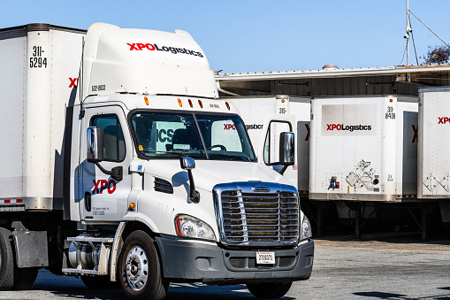 July 31, 2019 San Jose / CA / USA - XPO Logistics distribution point in San Francisco bay; XPO Logistics, Inc. is one of the 10 largest providers of transportation and logistics services in the world