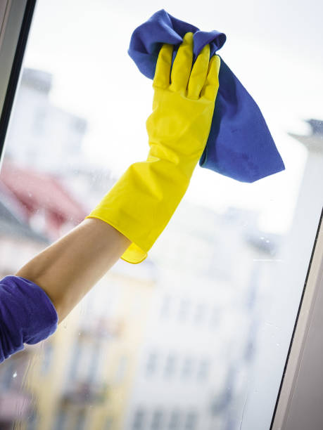 istock Person using cloth to clean window glass 1165418903