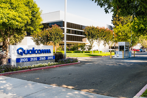 July 31, 2019 Santa Clara / CA / USA - Entrance to the Qualcomm offices located in Silicon Valley; Qualcomm, Inc. is an American multinational semiconductor and telecommunications equipment company
