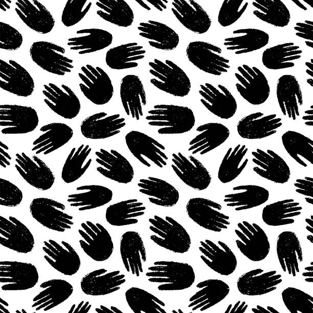 Vector seamless pattern with human hand imprints. Ink brush texture. Vector seamless pattern with human hand imprints. Ink brush texture. Simple monochrome background. Ornament for wrapping paper, wallpapers, web design etc. Handbreadth marks decorative backdrop. hand patterns stock illustrations