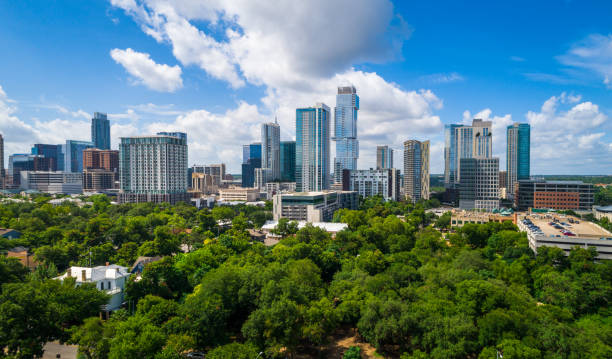istock Aerial drone view over Austin Texas Growing skyline Cityscape 1165421428