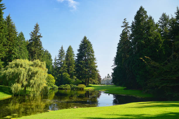 Bainbridge Island, Washington United States - August 13, 2015: A beautiful summer afternoon at Bainbridge Island, it is the Bloedel Reserve  estate with the mansion and garden pond.