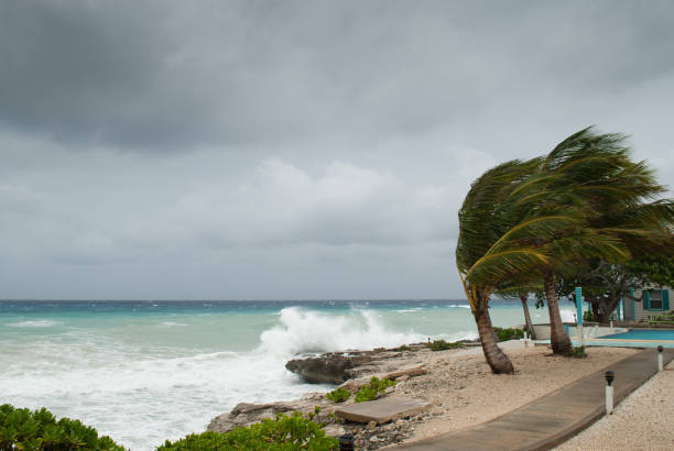 Hurricane storm surge in the Caribbean the Caribbean coastline of Grand Cayman gets battered in a hurricane. cyclone photos stock pictures, royalty-free photos & images