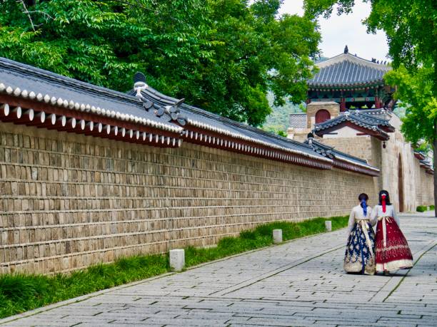 palácio tradicional coreano palácio de gyeongbok, vista traseira das mulheres, 2 povos, roupa tradicional coreana, hanbok - built structure building exterior asian culture seoul - fotografias e filmes do acervo