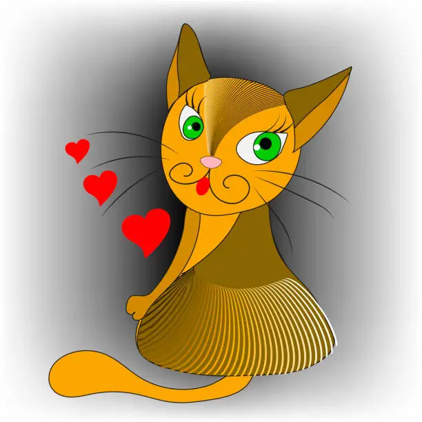 Vector illustration of Cartoon cat. Vector illustration. Abstract hand drawn colorful decorative design. Ornamental kitten in tribal ethnic style.  Green eyes. With love hearts.