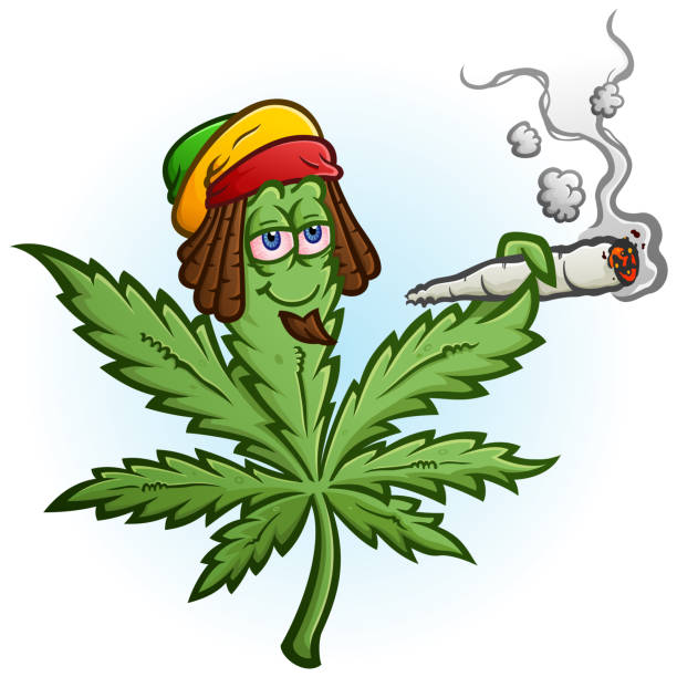 illustrazioni stock, clip art, cartoni animati e icone di tendenza di personaggio del cartone animato di marijuana che fuma un giunto indossando un berretto rastafari - intossicazione da sostanze