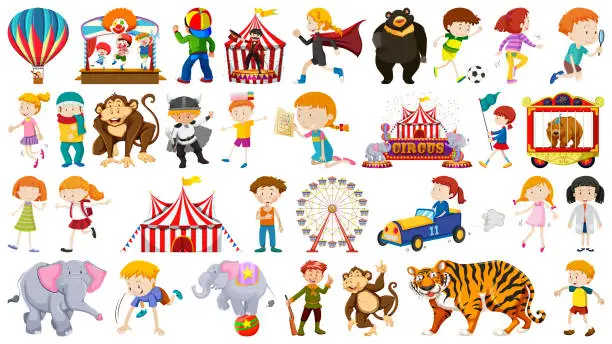 Vector illustration of Huge set of circus, fun fair, children and animals collection isolated