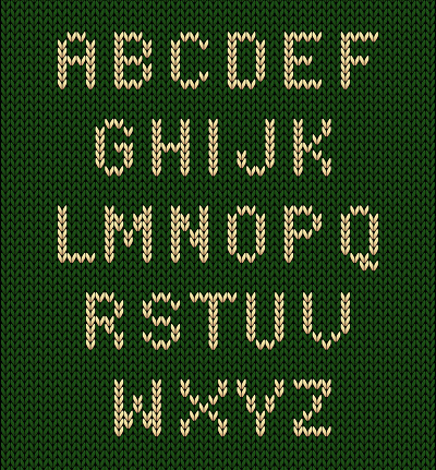 Vector knitted letter set font on knitted  green background for use in holiday designs. Easy to edit.