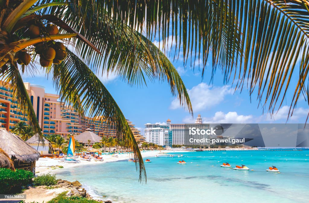Cancun beach with hotels and plam tree in foreground Cancun Stock Photo