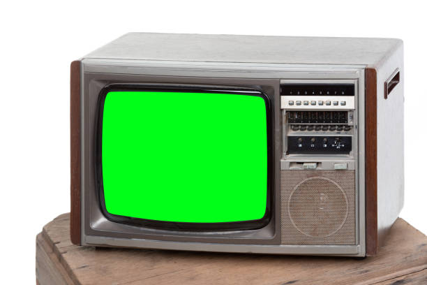istock Vintage TV : old retro TV with green screen isolated on white background . 1165439344