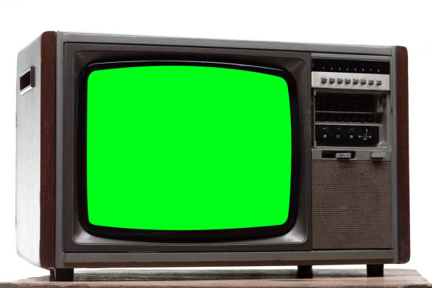 istock Vintage TV : old retro TV with green screen isolated on white background . 1165439346