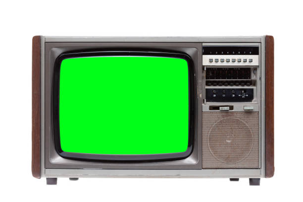 istock Vintage TV : old retro TV with green screen isolated on white background . 1165439364
