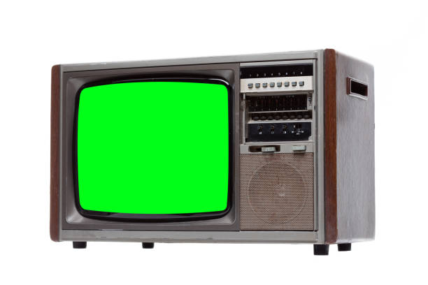 istock Vintage TV : old retro TV with green screen isolated on white background . 1165439381