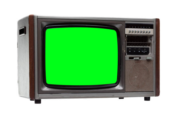 istock Vintage TV : old retro TV with green screen isolated on white background . 1165439390
