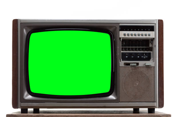 istock Vintage TV : old retro TV with green screen isolated on white background . 1165439392