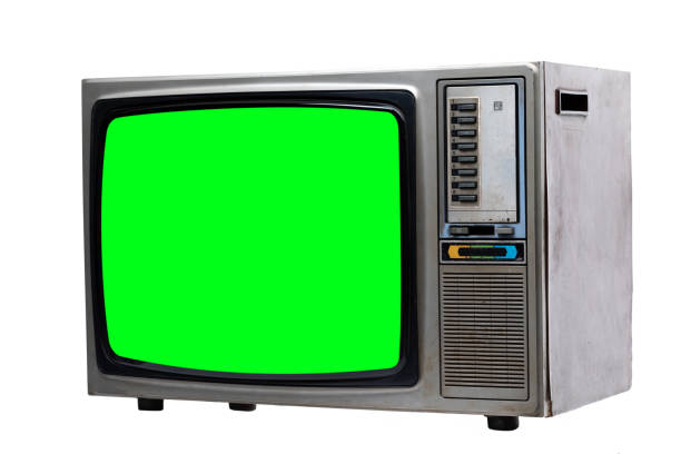 istock Vintage TV : old retro TV with green screen isolated on white background . 1165439403