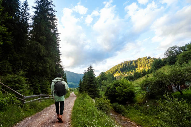 istock Creative background, A male tourist walks through a mountainous area with a backpack. The concept of active tourism, recreation, the Carpathians. Copy space 1165444311