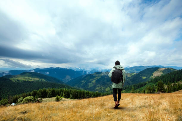 istock Creative background, A male tourist walks through a mountainous area with a backpack. The concept of active tourism, recreation, the Carpathians. Copy space 1165444319