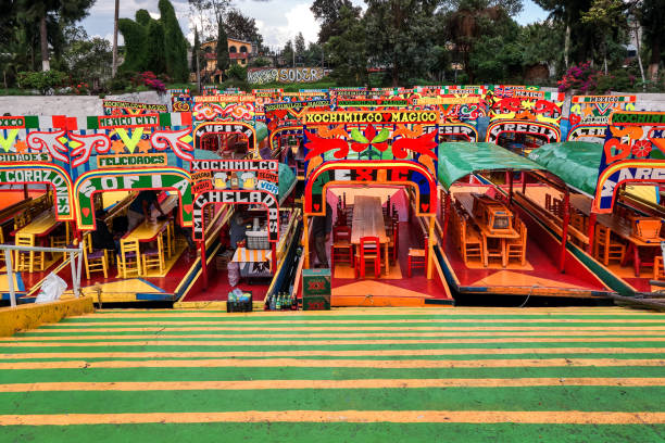 Trajineras moored in Xochimilco with man on the boat Xochimilco, Mexico City, June 25, 2019 - Traditional boat of Xochimilco moored in Nativitas pier. trajinera stock pictures, royalty-free photos & images
