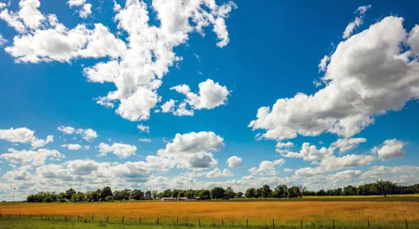 Sunny spring day in american countryside. Rural scene, farmland with trees and buildings, blue sky with clouds. OK, USA