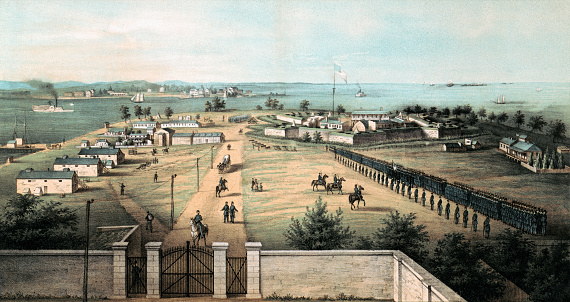 Vintage illustration of Fort McHenry, a historical fort located in Baltimore, Maryland and best known for its role in the War of 1812.