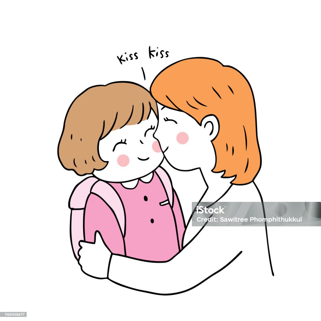 Cartoon Cute Back To School Mother And Daughter Kissing Vector Stock  Illustration - Download Image Now - iStock