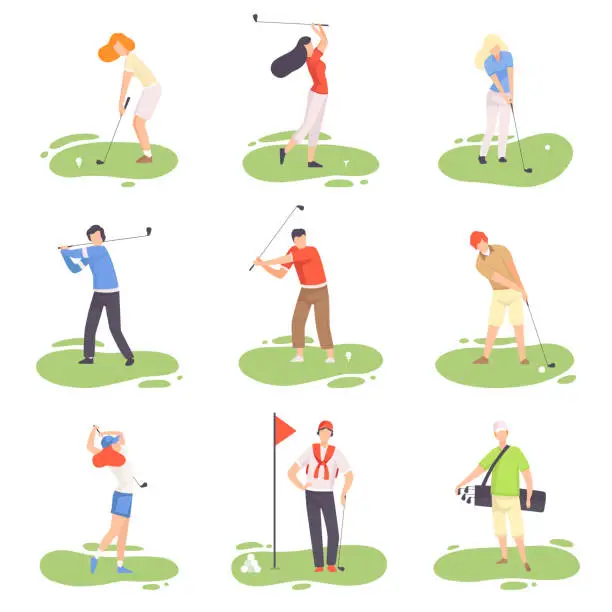 Vector illustration of People Playing Golf Set, Male and Female Golfer Players Training with Golf Clubs on Course with Green Grass, Outdoor Sport or Hobby Vector Illustration
