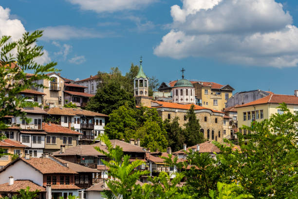 Spectacular view onto the old town and the Monument to the Asen, Assen Dynasty at sunset, Veliko Tarnovo, Bulgaria 2022