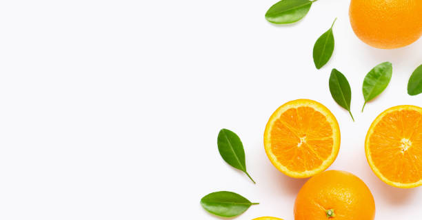 istock Fresh orange citrus fruit with leaves isolated on white background. 1165457659