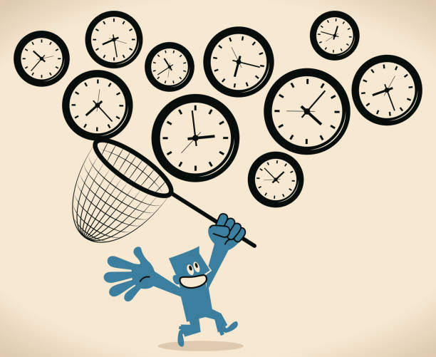 ilustraciones, imágenes clip art, dibujos animados e iconos de stock de empresario que utiliza una red de barrido para atrapar el reloj volador para ganar más tiempo (gestión del tiempo) - catching men commercial fishing net time