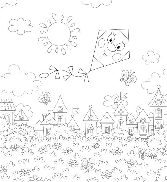 ilustrações de stock, clip art, desenhos animados e ícones de funny kite flying over a small town - summer backgrounds line art butterfly
