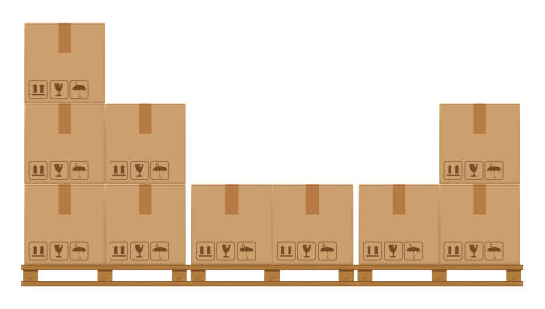 ящики для ящиков на деревянном поддоне, деревянный поддон с картонной коробкой в складском складском складе, плоский стиль склад картонных - pallet stock illustrations