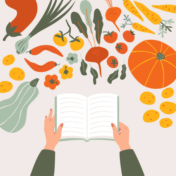 ilustrações de stock, clip art, desenhos animados e ícones de top view of cartoon cookbook in hands on the table surrounded by various vegetables - vegetables table