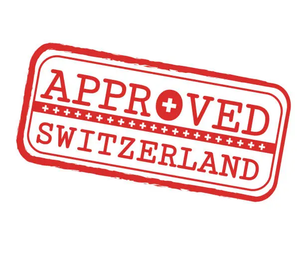 Vector illustration of Vector Stamp of Approved symbol with Swiss Flag in the shape of O and text Switzerland.