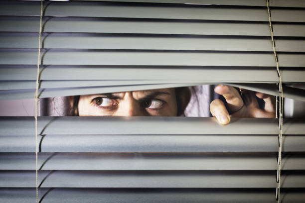 istock Frowning brunette looks suspiciously through closed blinds 1165464545