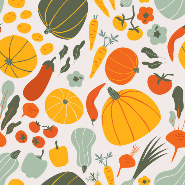 ilustraciones, imágenes clip art, dibujos animados e iconos de stock de patrón vectorial sin costuras de garabatos de comida vegana saludable - otoño ilustraciones
