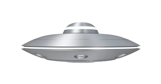 3d rendering of silver metal ufo isolated on white background. Science fiction. Extraterrestrial life. Space technology.