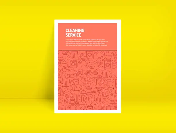 Vector illustration of Vector Set of Design Templates and Elements for Cleaning Service in Trendy Linear Style - Pattern with Linear Icons Related to Cleaning Service - Minimalist Cover, Poster Design