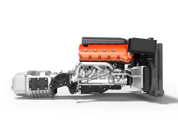 istock Car engine with air filters with gearbox side view 3d render on white background with shadow 1165472537